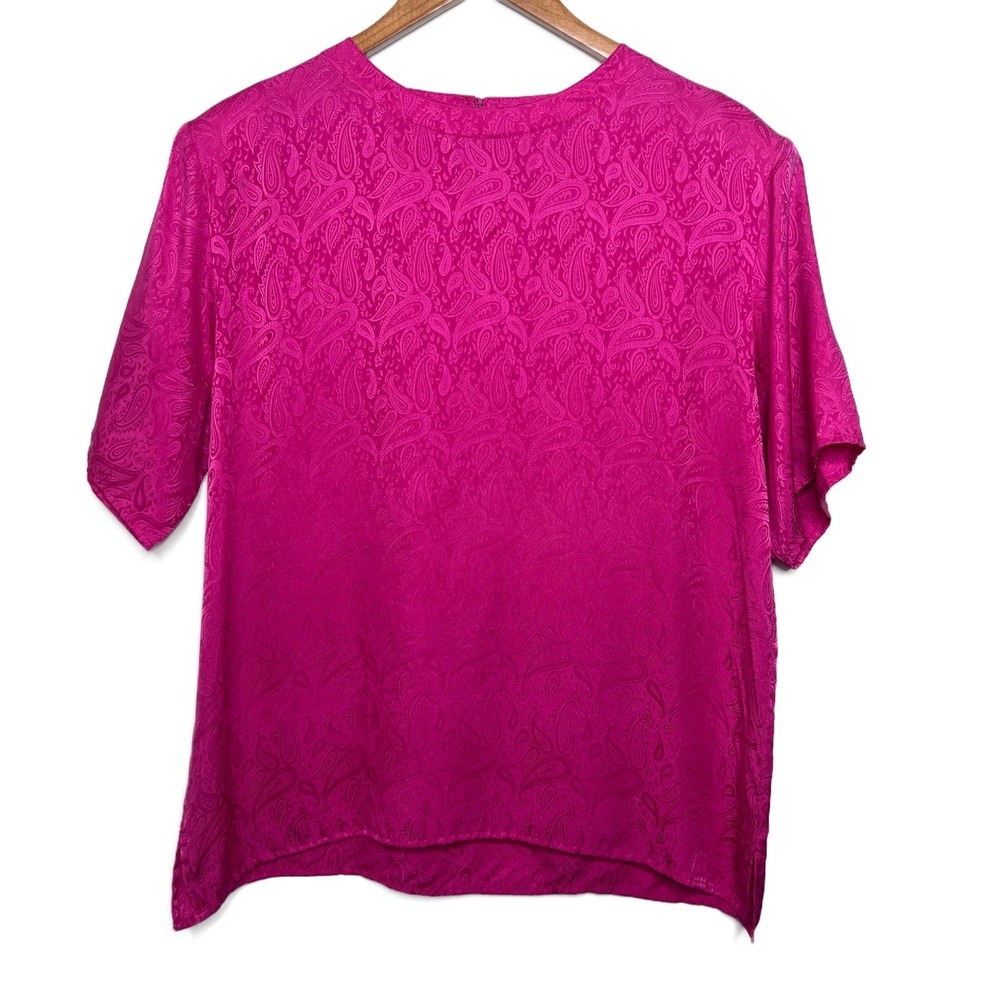 SilkLand Women's 100% Silk Pink Paisley Print‎ Short Sleeve Silk Blouse Size L